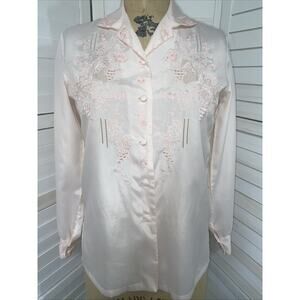 70s Secretary Blouse Pink Button Front Academia Floral Embroidered L/S Medium
